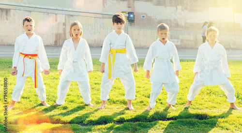 Boys and girls in white kimono during training karate exercises at summer outdoors photo