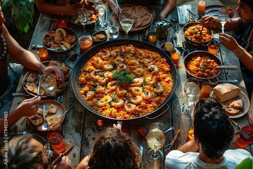 Group enjoying paella dish, made with fresh ingredients and cooked to perfection