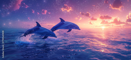 Illustration of dolphins jumping out of the water in front of an endless wave  with stars and moon above them. The background is purple galaxy