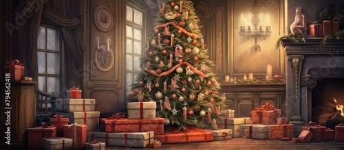 A Christmas tree in a room with presents, fireplace, and a cozy facade