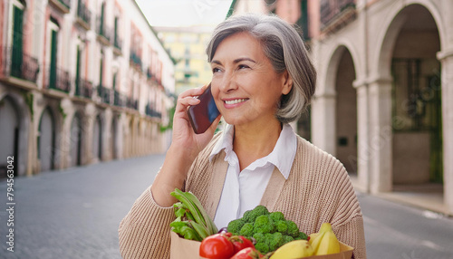 donna pensionata al telefono con busta della spesa  photo