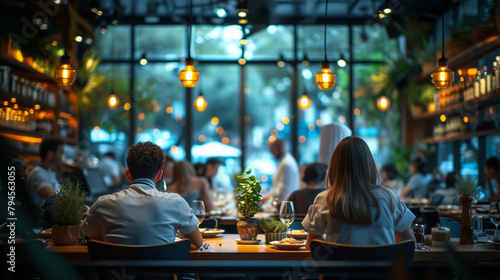 Blurred background of people sitting at restaurant, bar or night club with colorful lights bokeh. Abstract defocused blur background.