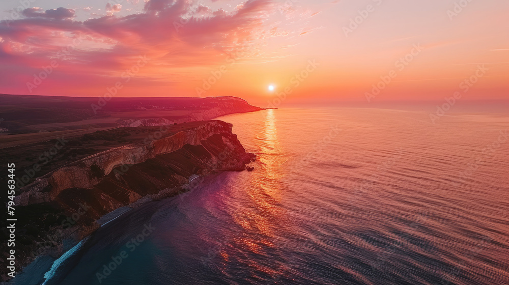 Golden sunrise over serene coastal cliffs and gentle waters of a tranquil seaside