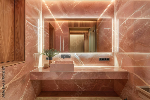 Contemporary modern bathroom interior in pink colors, concrete and marble elements.