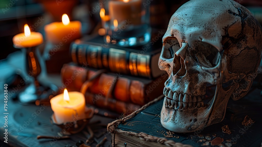 A skull sculpture among stacks of old books in a dark environment lit by the soft glow of lit candles. Skull in a setting of mystery and ancient knowledge.