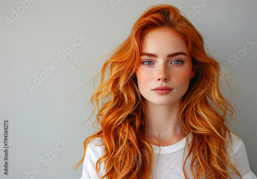 portrait of beautiful red hair young woman with long wavy ginger curly hair in white tshirt, looking at camera isolated on plain grey background studio portrait