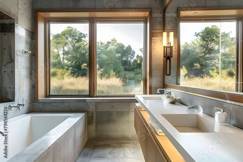 Contemporary modern bathroom interior in grey colors  concrete and marble elements.