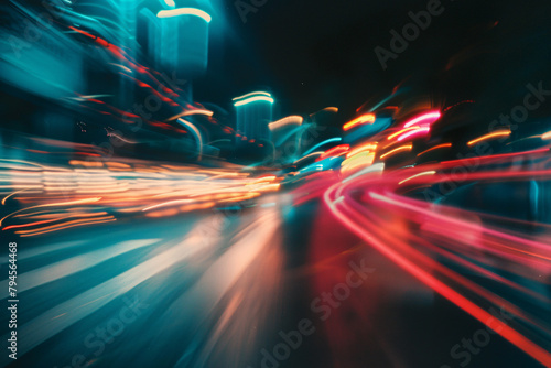 Abstract light trails background, multicolored traffic lines in big city.