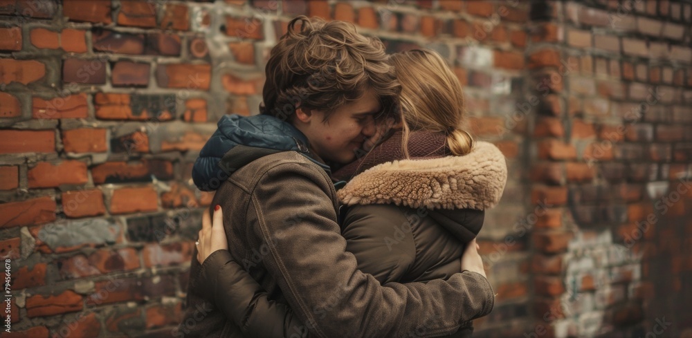 A young couple leans against a brick wall backs facing the camera. They share a warm embrace arms wrapped around each . .