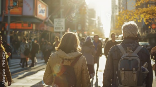 A candid capture of everyday city life, with people of various ages, ethnicities, and lifestyles crossing paths, highlighting the diversity of urban living.