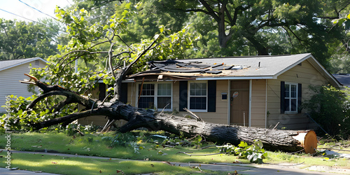 Fallen tree on house roof after hurricane, potential property insurance claim for storm damage.