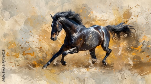 A majestic black horse  in full body  running at high speed through the mud. A fluid acrylic painting in the style of abstract  with large brush strokes and splashes of paint on a wet