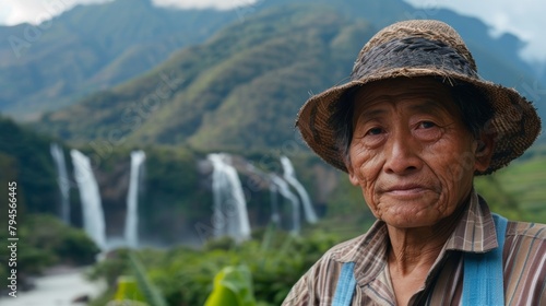 In this portrait a pioneer of change gazes intently at the viewer their eyes reflecting the struggles and victories they have faced in their environmental advocacy. With mountains .