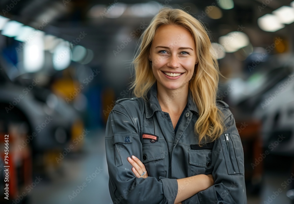 Obraz premium Blonde woman in blue workwear and a grey apron, standing with her arms crossed looking at the camera smiling while working on an open car hood during a repair service at a workshop