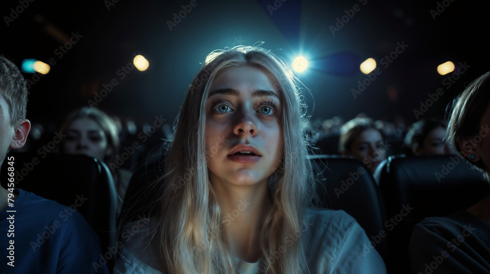 Emotional young woman watches a movie in a cinema