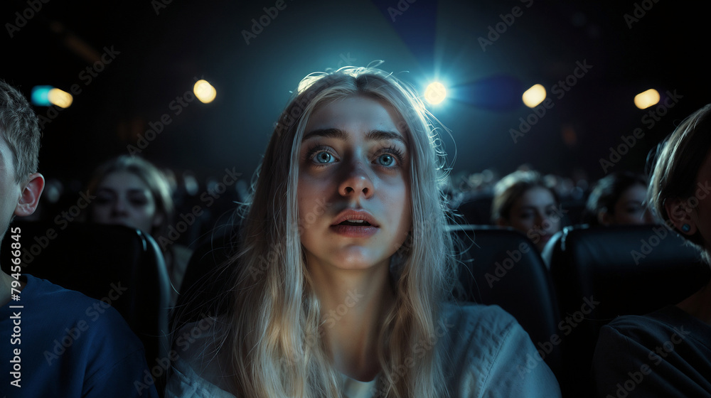 Emotional young woman watches a movie in a cinema Emotional young woman watches a movie in a cinema