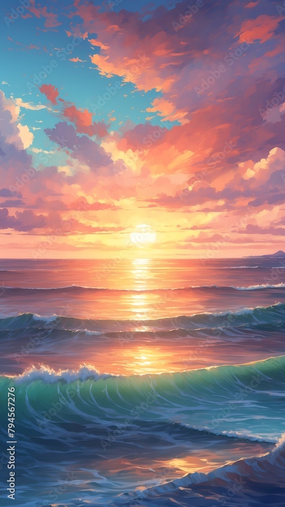 Realistic sunset over sea with ocean waves and nice sky portrait
