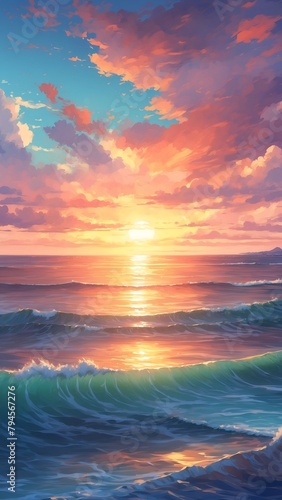 Realistic sunset over sea with ocean waves and nice sky portrait