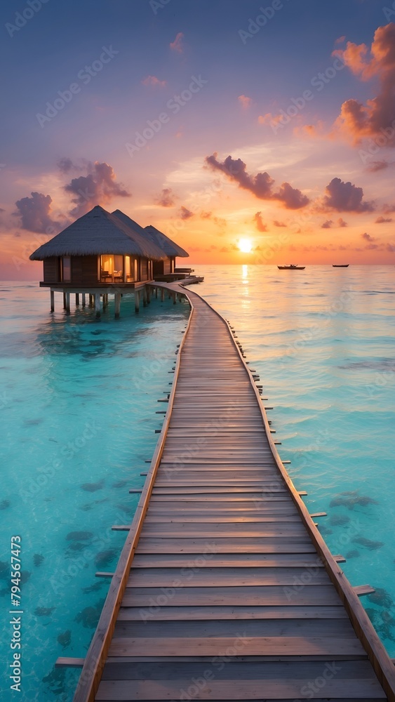 Maldives sunset with cloud and beautiful beach realistic style portrait