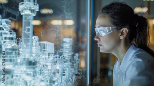A profile view of an engineer inspecting a largescale model of a sustainable energy system. Their expressions of determination and pride are heightened by the use of advanced engineering .