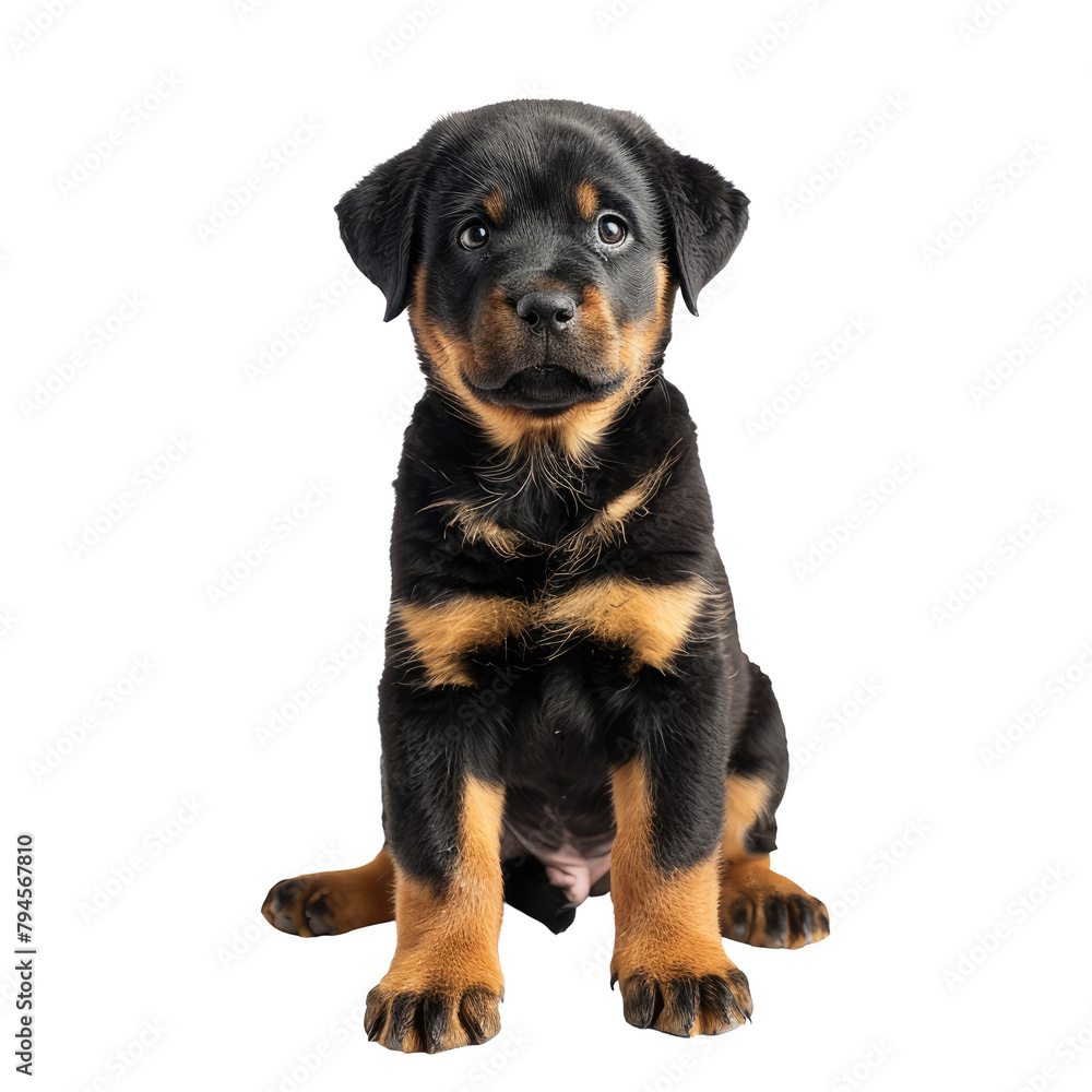 A cute Rottweiler puppy posing in front of a crisp transparent background set against a transparent background