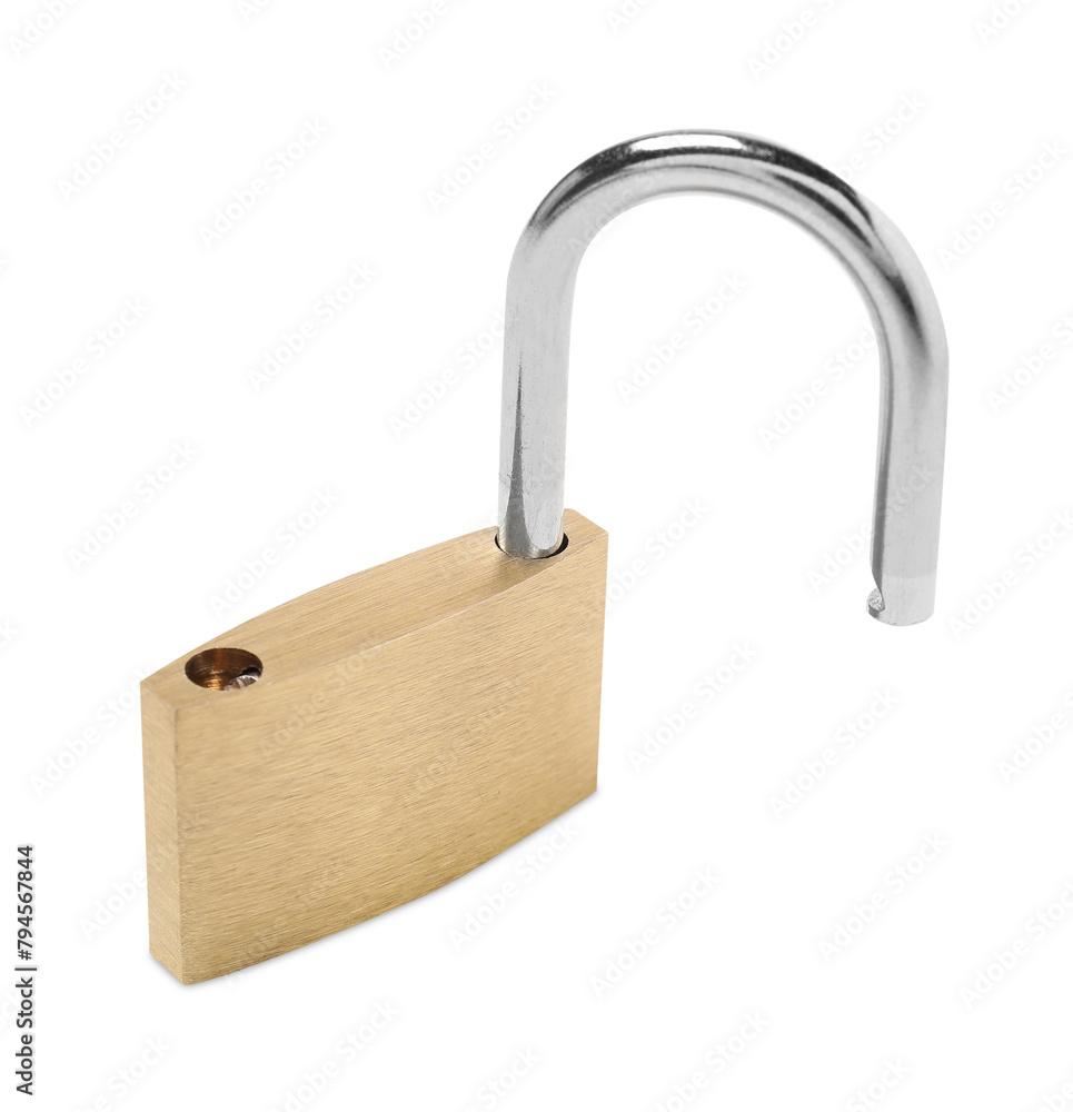 One new steel padlock isolated on white One new steel padlock isolated on white