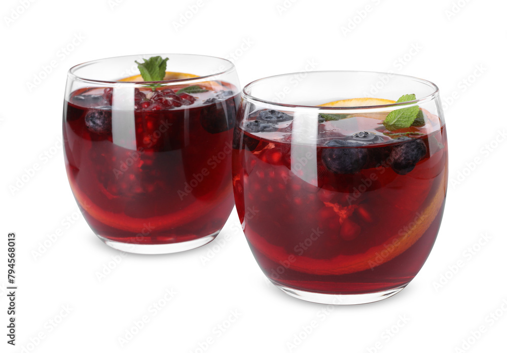 Aromatic Sangria drink in glasses isolated on white - obrazy, fototapety, plakaty 