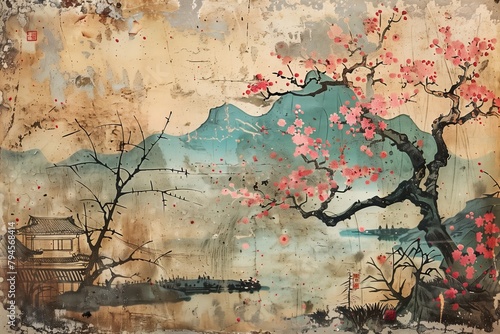 Antique Japanese poster landscape with sakura Illustration