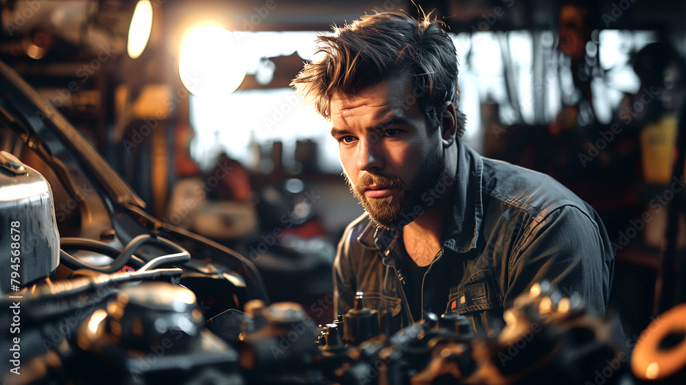 Professional male mechanic repairing a car in automobile repair shop