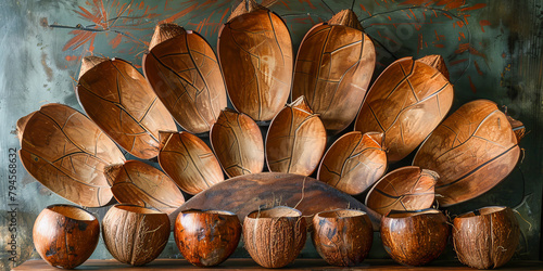 Artistic arrangement of halved coconuts on textured background