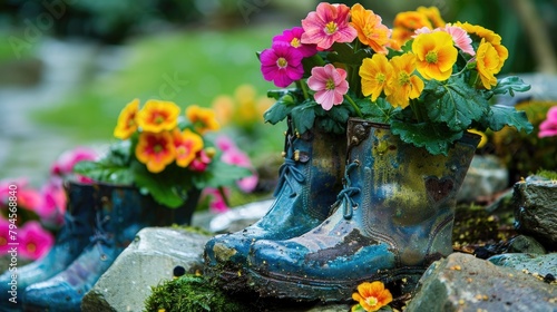 Spring and Easter garden decor featuring vibrant primroses in boots