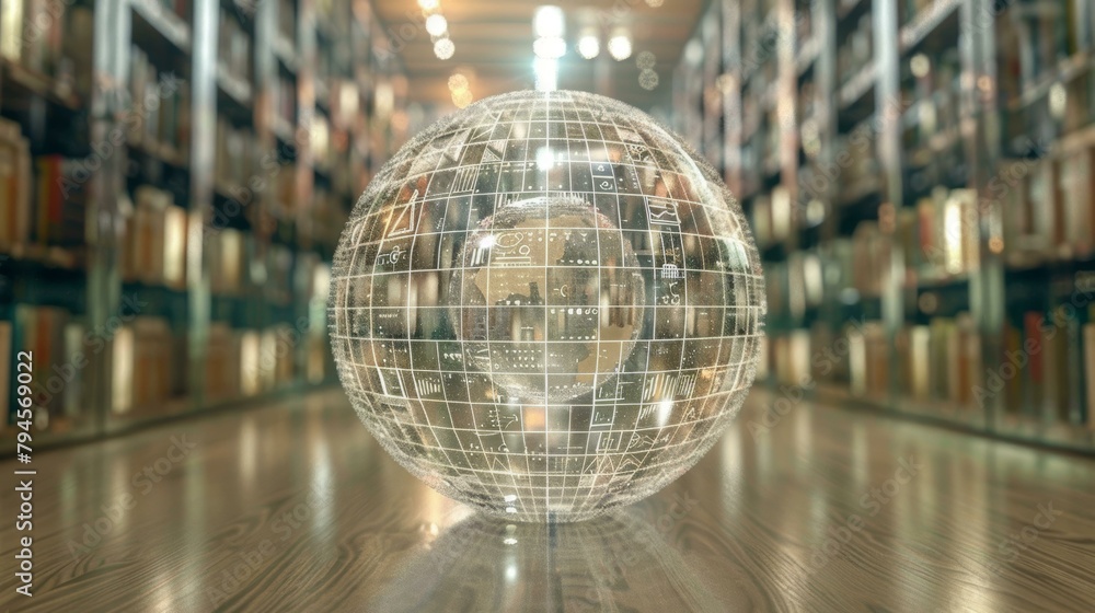 Beautiful reflective glass globe on library floor, conveying themes of global education and knowledge access, with warm wooden tones and shelf-lined background. - obrazy, fototapety, plakaty 