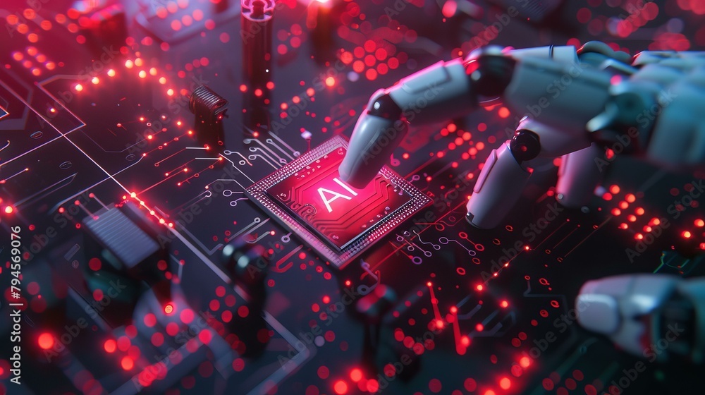 Futuristic red and black artificial intelligence chip installation by robotic hand, symbolizing innovation and technology advancement in modern world. - obrazy, fototapety, plakaty 