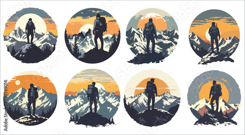 Silhouettes of people hiking in mountains, Hiking Circular Logo, Hiking icon, Silhouette of a man with a backpack in the mountains photo