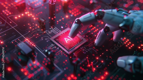 Futuristic red and black artificial intelligence chip installation by robotic hand  symbolizing innovation and technology advancement in modern world.