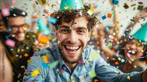 Joyful young man taking selfie with friends at vibrant birthday celebration, confetti flying, party hats and laughter in vibrant colors. photo