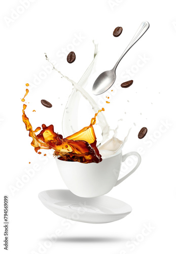 Coffee with milk splashing in cup and falling roasted beans on white background
