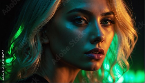 green glowing neon lights on blonde beautiful woman in dark background from Generative AI