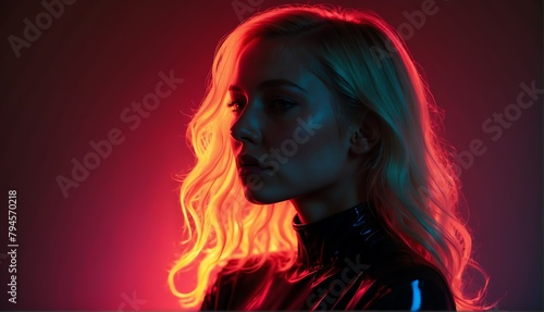 red glowing neon lights on blonde beautiful woman in dark background from Generative AI