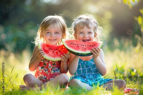 Cute Happy Summer Kids Eati...