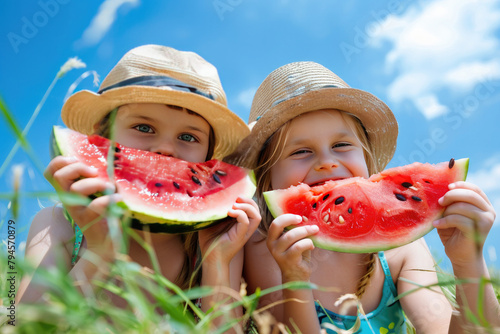 Cute Happy Summer Kids Eati...