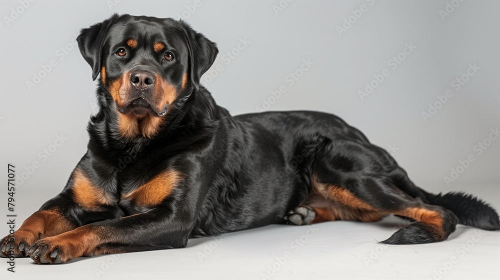 Fototapeta premium Glamorous Rottweiler Dog Resting on Plain Background, Left Side Reserved for Text