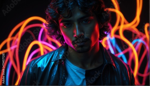 colorful glowing neon lights on hispanic handsome guy in dark background from Generative AI