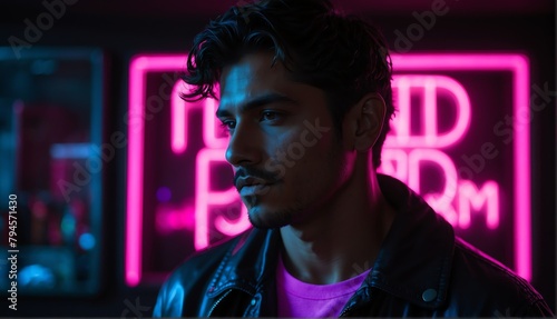 pink glowing neon lights on hispanic handsome guy in dark background from Generative AI
