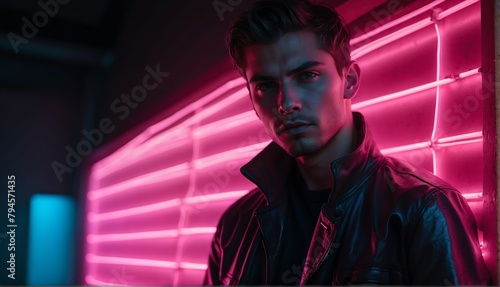 pink glowing neon lights on handsome guy in dark background from Generative AI