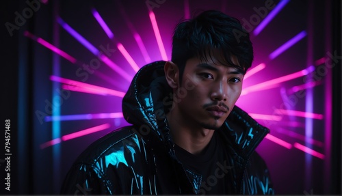purple glowing neon lights on asian handsome guy in dark background from Generative AI