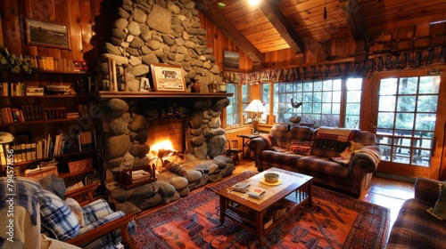 Cozy cottage with a stone fireplace AI generated illustration