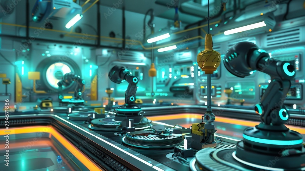 Fototapeta premium Create a cute 3D scene of a futuristic robot factory AI generated illustration