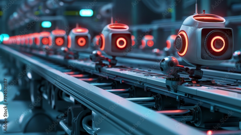 Fototapeta premium Create a cute 3D scene of a futuristic robot factory AI generated illustration