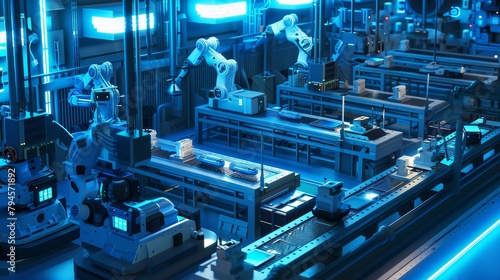 Create a cute 3D scene of a futuristic robot factory AI generated illustration